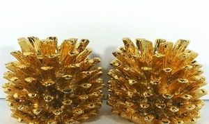 Pair Golden Pinecone Candlestick Holders 3"x2.5"